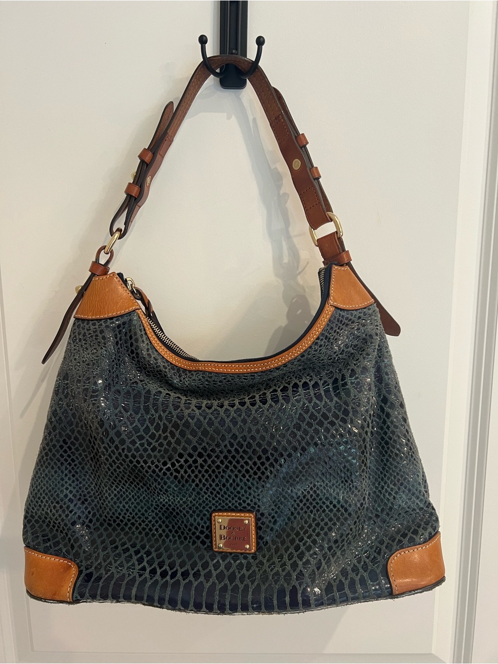 Dooney & Bourke Erica Navy Snake-Embossed Hobo with Leather Tan Trim Bag